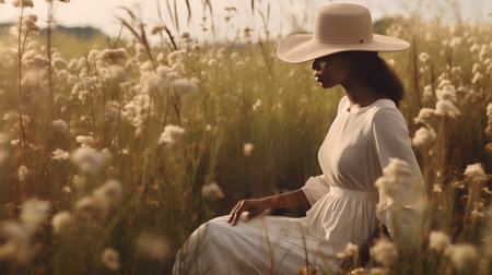 Beautiful african american woman in white dress and hat sitting in field at sunsetの素材