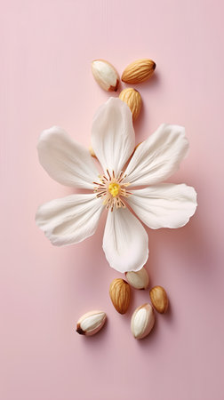 White magnolia flower and almond nuts on pink background. Flat lay, top viewの素材