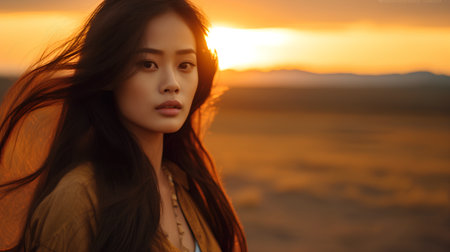 Beautiful asian woman with long brown hair at sunset time.の素材