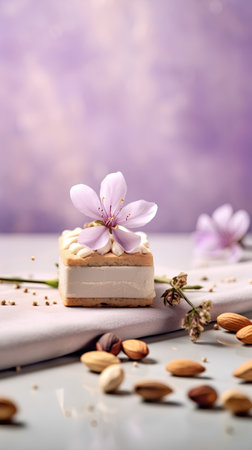 Cake with almonds and flowers on a light background. Selective focus.の素材