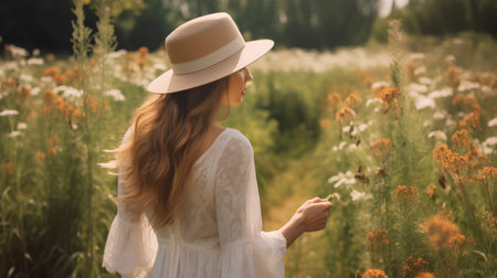 Beautiful young woman in hat and white dress walking in summer field.の素材
