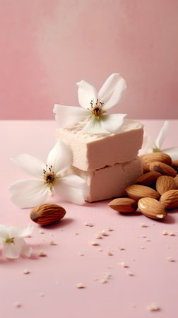 Soap with almonds and flowers on a pink background. Square.の素材