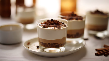 Dessert tiramisu in a glass with chocolate and cocoa powderの素材
