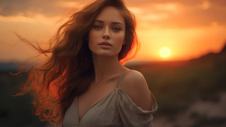 Beautiful young woman with long curly red hair at the sunset.の素材