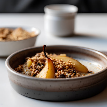 Oatmeal porridge with pear and walnuts in a ceramic bowl.の素材