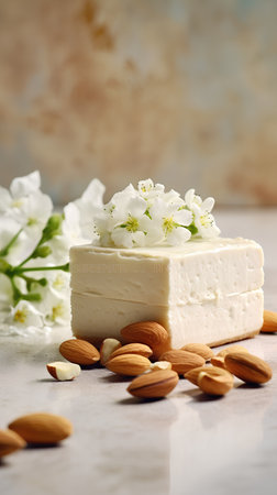 Greek feta cheese with almonds and jasmine flowers, selective focusの素材