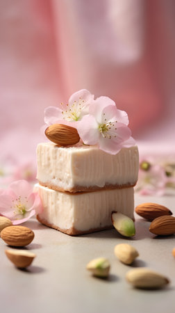 Cake with almonds and cherry blossoms on a pink background.の素材