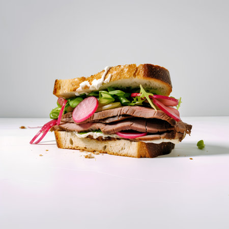 Sandwich with roast beef, lettuce, radish, onion and cheese on white backgroundの素材
