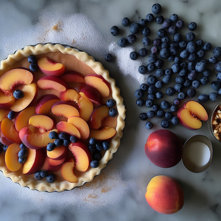 Peach tart with blueberries and nectarinesle backgroundの素材