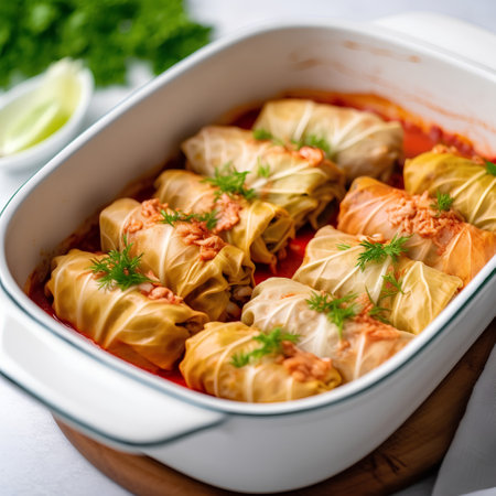 Cabbage rolls stuffed with minced meat, rice and vegetables in tomato sauce.の素材