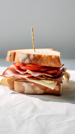 Sandwich with ham, cheese and tomato on a white background.の素材