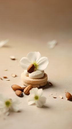 Almond cookies with flower petals and almonds on beige backgroundの素材