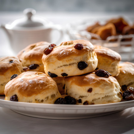Traditional English scones with raisins on a white plate.の素材