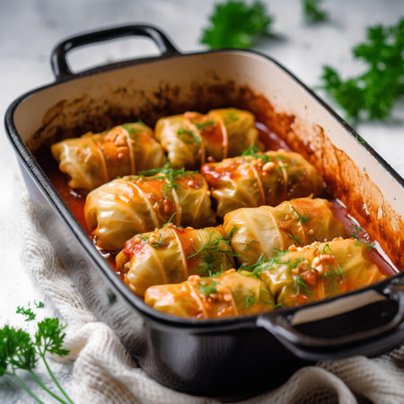 Stuffed cabbage rolls with meat and rice. Selective focus.の素材