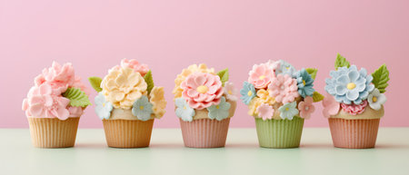 Cupcakes decorated with flowers and leaves on pastel pink backgroundの素材
