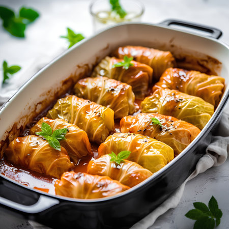 Cabbage rolls stuffed with meat and rice in tomato sauce. Selective focus.の素材