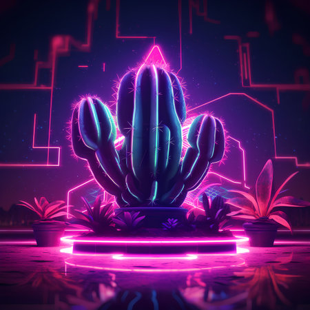 Neon background with cactus. 3d rendering, 3d illustration.の素材