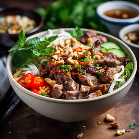Asian noodle soup with beef and vegetables in bowl on dark backgroundの素材