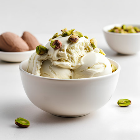 Pistachio ice cream in a bowl with pistachios on white backgroundの素材