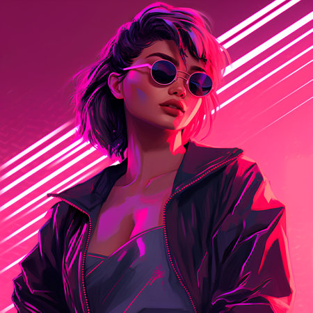 Fashion portrait of a beautiful girl in sunglasses. Stylish young woman in a pink jacket.の素材