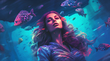 Fantasy portrait of a beautiful woman underwater. 3D rendering.の素材