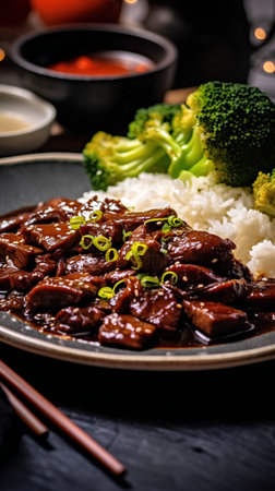 Beef steak with rice and vegetables on a black background. Top view.の素材