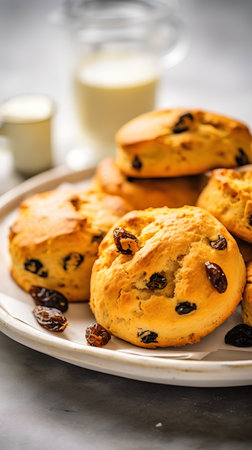 Scones with raisins on a plate. Selective focus.の素材