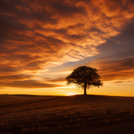 Lonely tree in a field at sunset, Tuscany, Italyの素材