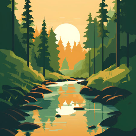 Pine forest and river. Vector illustration in flat cartoon style.の素材