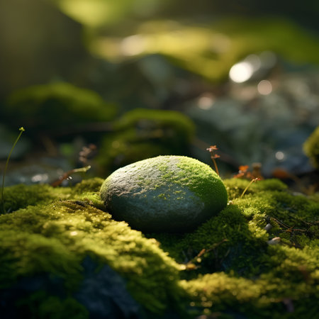 Green moss on a stone in the forest, shallow depth of fieldの素材