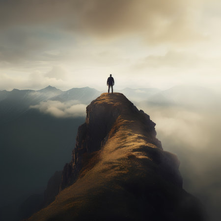 Man standing on the edge of the mountain. Conceptual image.の素材