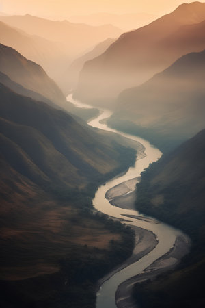 Beautiful mountain landscape with river in the morning light. Toned.の素材