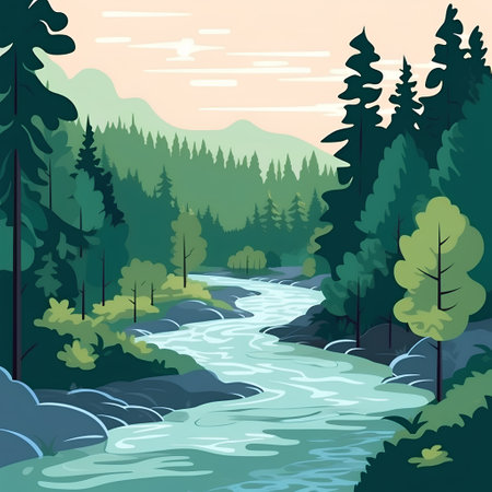 Landscape with river and forest. Vector illustration in cartoon style.の素材