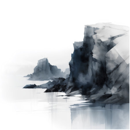 Watercolor illustration of a cliff in the sea. Black and white.の素材