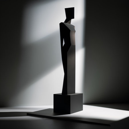 Black and white sculpture of a mannequin on a dark backgroundの素材
