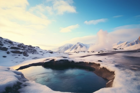 Icelandic landscape with a lake and geyser in winterの素材