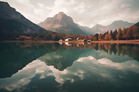 Idyllic autumn alpine lake with reflection in water. Dolomites, Italy.の素材