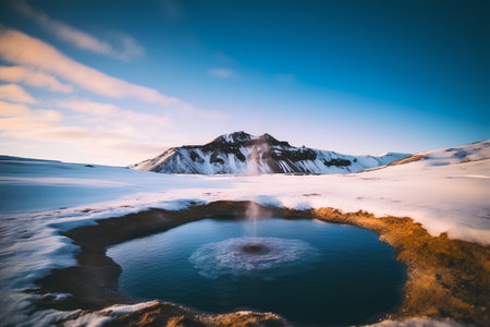 Icelandic winter landscape with lake and snow-capped mountainsの素材
