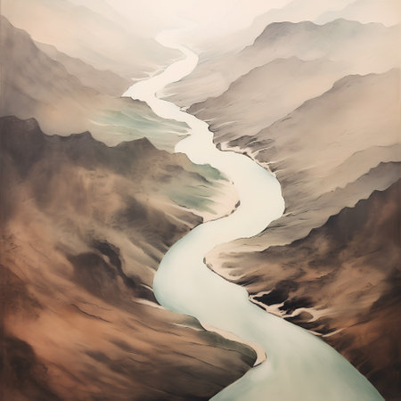 Landscape with river and mountains in Tibet, China. Digital painting.の素材