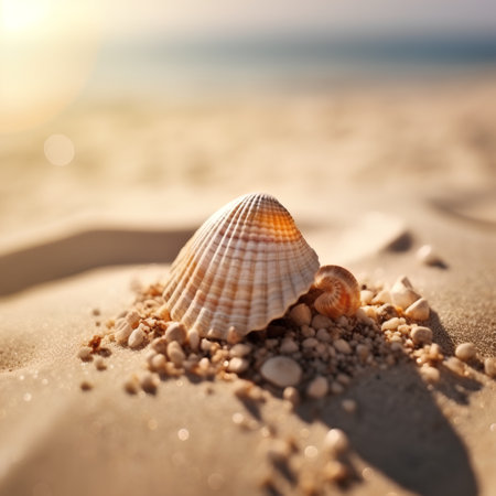 Sea shell on the beach at sunrise. Shallow depth of fieldの素材