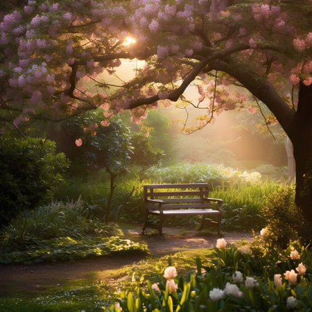 Sunrise in the park with bench and blooming pink flowers.の素材