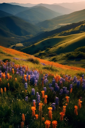 Beautiful spring landscape in the mountains with lupins and wildflowersの素材