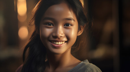 Portrait of a beautiful smiling asian girl in a dark roomの素材