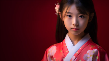 beautiful asian kimono girl on a red background.の素材