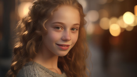 Portrait of a beautiful girl with long curly hair. Close-up.の素材