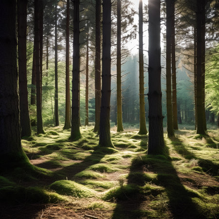 Sunset in a pine forest with sun rays passing through the treesの素材