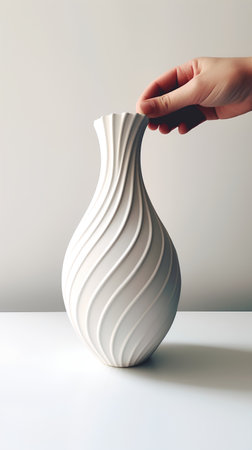 Hand holding a vase on a white background. 3D renderingの素材
