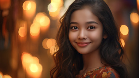 portrait of a beautiful asian girl on a bokeh backgroundの素材