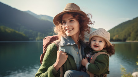 Happy mother and her daughter in the mountains. A woman with a child on the background of a mountain lake.の素材