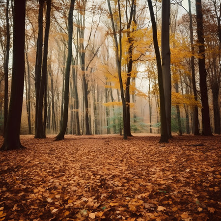 Autumn forest with sunbeams in the morning, vintage styleの素材